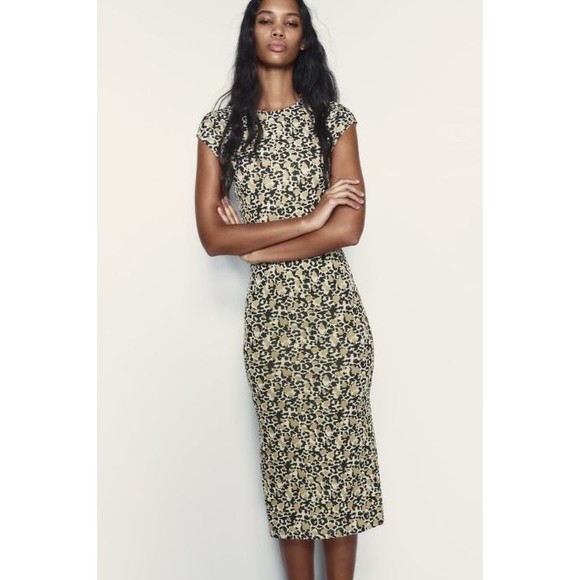 Zara Dresses & Skirts - ZARA NWT FITTED JACQUARD DRESS Cap Sleeves Open Back Large L Leopard Print